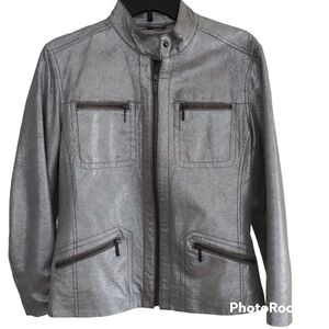 Chico's Silver Metallic Genuine Leather Moto Jacket Chico's 1 (US 8/10)